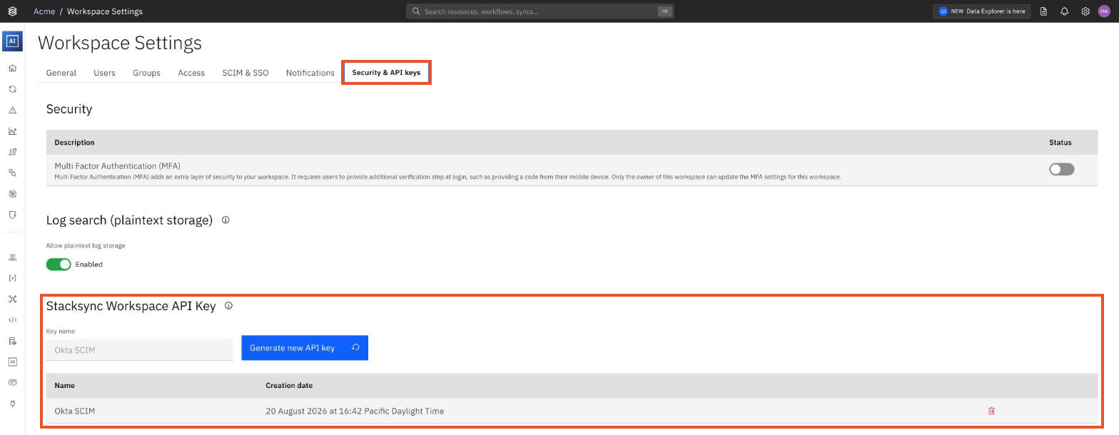 Stacksync Workspace API Key in the Security & API keys tab