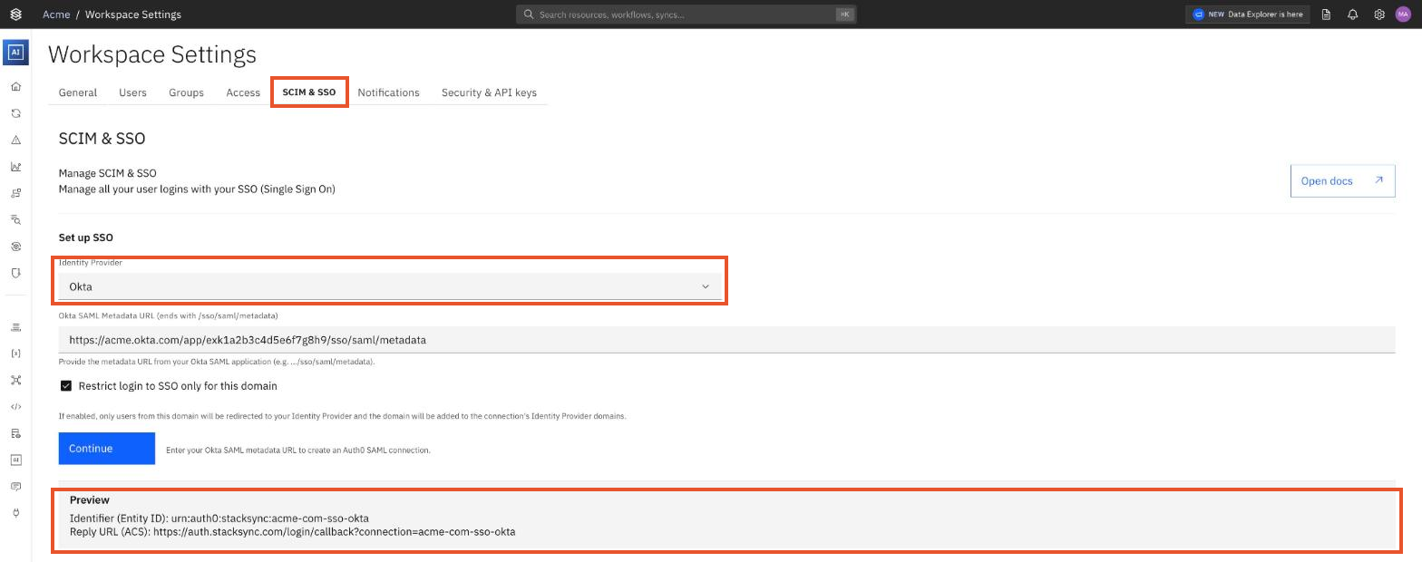 SCIM & SSO tab with Okta selected and the Preview box