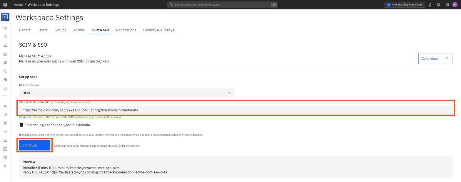 Okta SAML Metadata URL field and Continue button